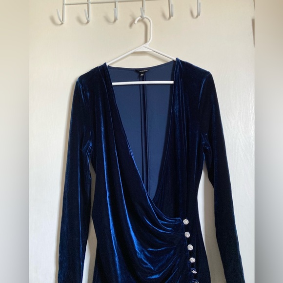 🌞Topshop Blue Crushed Velvet Drape Crystal Button Mini Dress #R - Picture 11 of 13